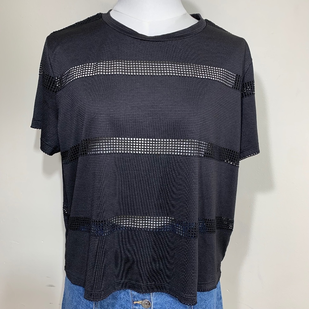 Gypsies & Moondust Mesh Stripe Top Womens Large Black Ribbed Sheer Crew Neck